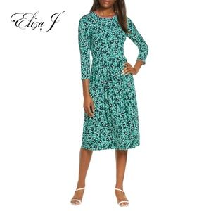 Eliza J Women 6 |Green Floral Print 3/4 Sleeve Knit Midi Stretch Dress